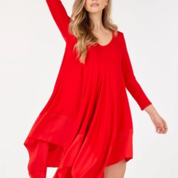 Long Sleeve V Neck Tunic Shark Bite Edging Dress Red - Picture 3 of 4